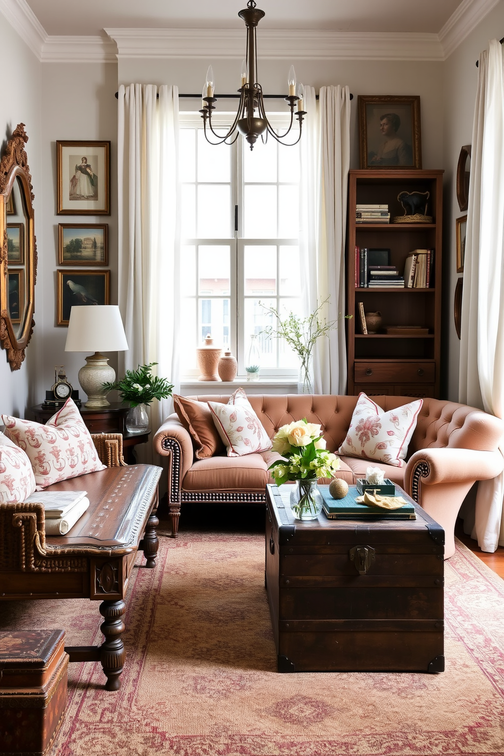 Create a cozy living room that showcases vintage finds as unique decor elements. Incorporate a mix of antique furniture pieces, such as a distressed wooden coffee table and a tufted velvet sofa, to add character and warmth. Use soft pastel colors for the walls to create a light and airy atmosphere. Accessorize the space with vintage-inspired throw pillows, an ornate mirror, and a collection of eclectic art pieces that reflect personal style. For spring, include fresh flowers in vintage vases and light, breezy curtains to enhance the seasonal feel. Add a vintage trunk for storage that doubles as a coffee table, making the space both functional and stylish. In this small space, prioritize multi-functional furniture to maximize usability. Use open shelving to display vintage books and decor, keeping the area feeling open and inviting.