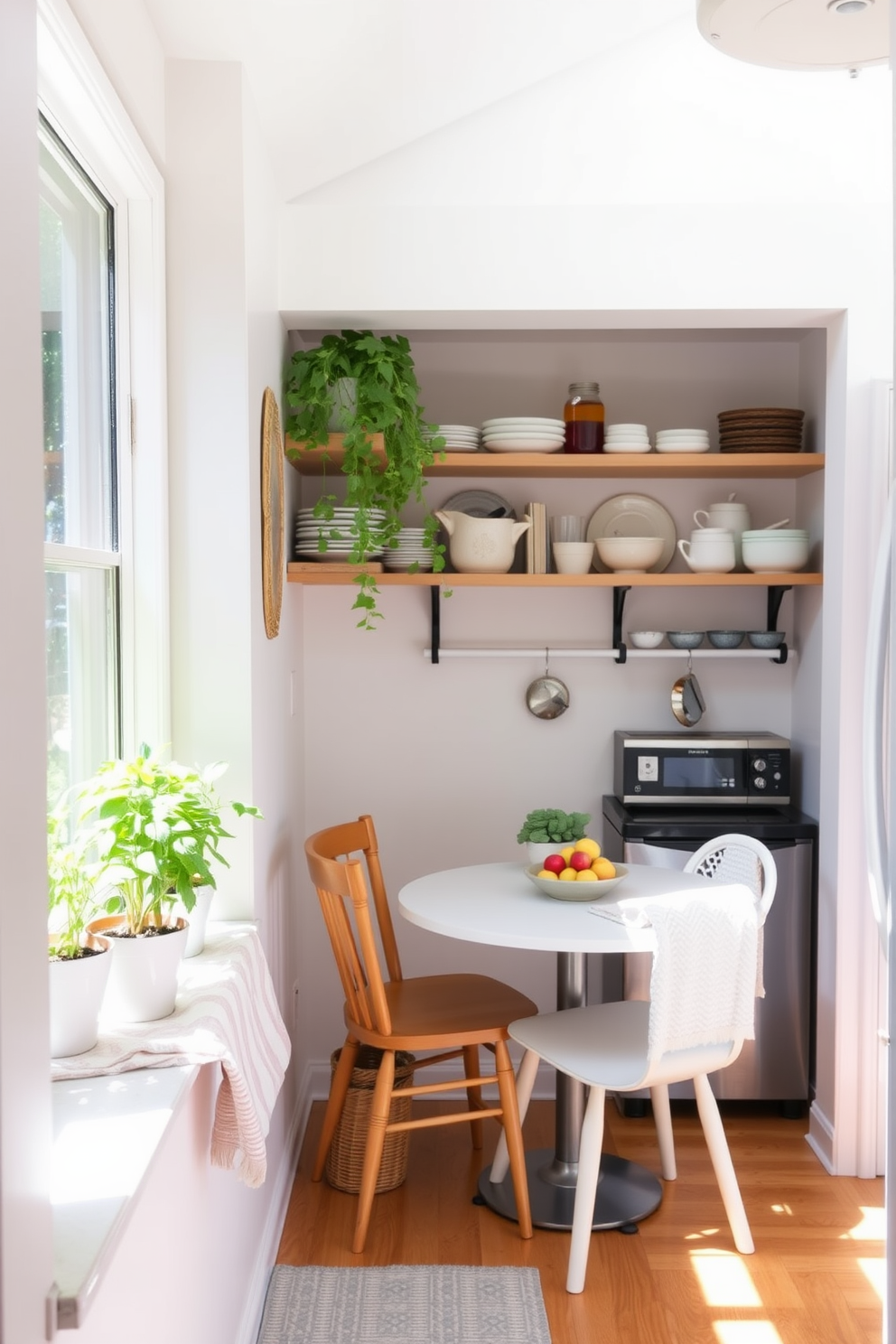 A charming small space kitchen filled with natural light. There is a small indoor herb garden on the windowsill with pots of basil, mint, and rosemary, adding freshness and color to the space. The kitchen features open shelving displaying stylish dishware and a cozy breakfast nook with a round table and two chairs. Soft pastel colors adorn the walls, creating a serene atmosphere perfect for spring decorating.