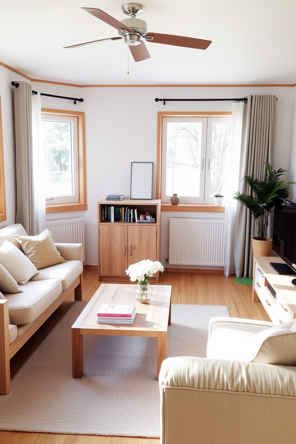 A cozy living room filled with natural light. Light wood furniture pieces create a warm and inviting atmosphere while maximizing space efficiency. A minimalist coffee table sits at the center, surrounded by a plush sofa adorned with pastel-colored cushions. A small bookshelf made of light wood showcases a curated selection of books and decorative items.