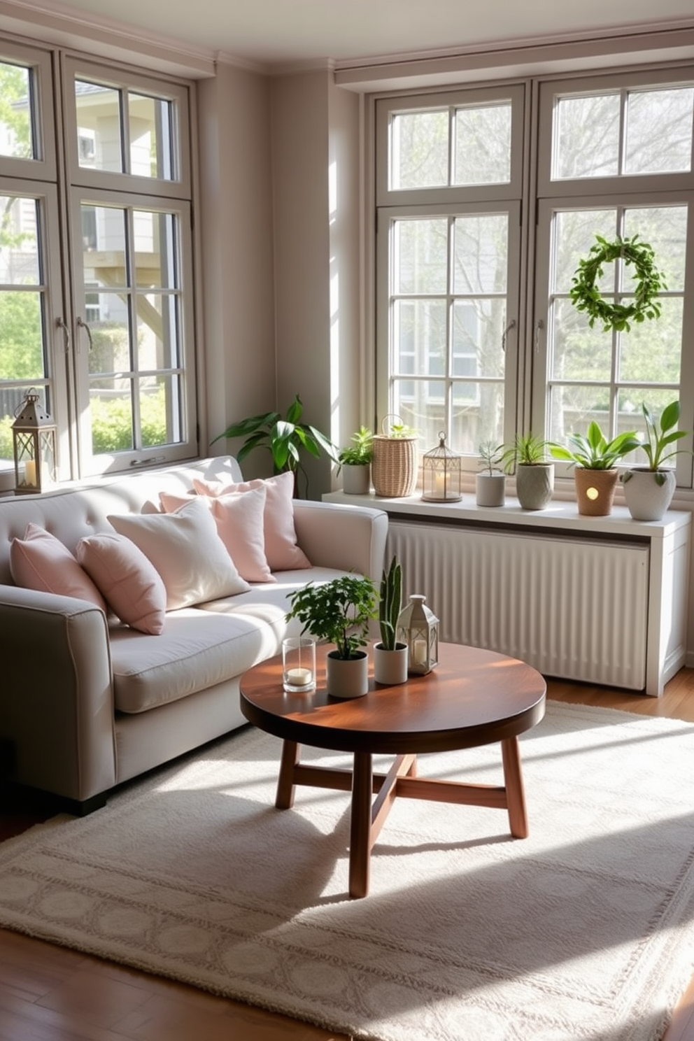 A cozy living area filled with natural light. There are soft pastel-colored cushions on a light gray sofa, and a round wooden coffee table sits in front of it. Decorative lanterns in various sizes are placed on the table and the windowsills, casting a warm glow. A few potted plants add a touch of greenery, while a delicate area rug anchors the space.