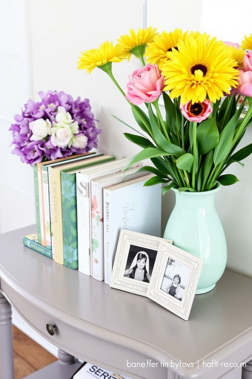 A small console table is styled with a collection of vibrant spring decor items. Fresh flowers in a pastel vase sit alongside decorative books and a small framed photo, creating a welcoming atmosphere.