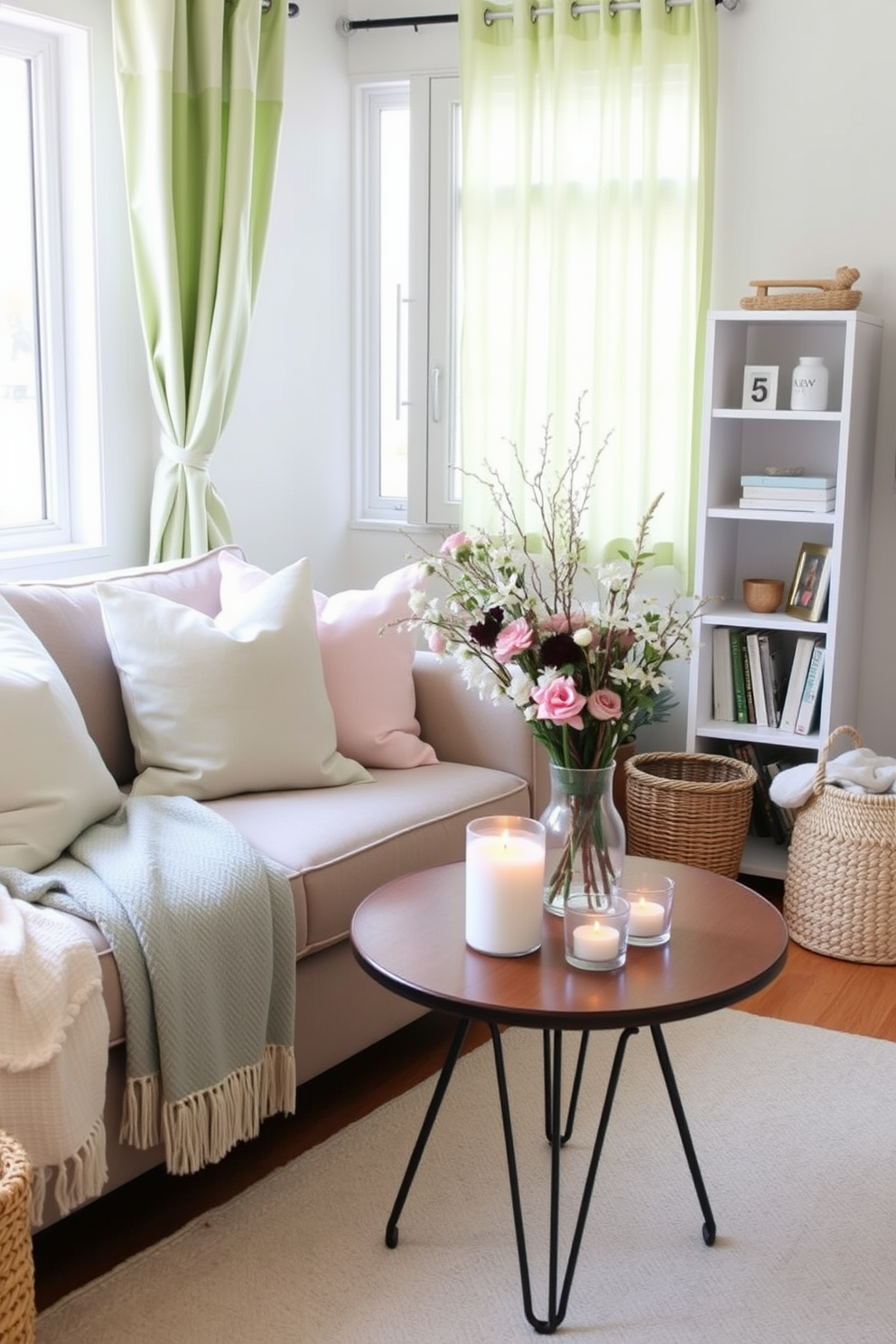 A charming small living area decorated for spring. The space features a cozy sofa adorned with pastel-colored cushions and a light throw blanket, while seasonal scented candles in delicate holders are placed on a nearby coffee table. Fresh flowers in a vase bring a touch of nature indoors, complementing the soft green curtains that frame the window. A small bookshelf displays curated decor items, and a woven basket adds texture to the room, enhancing the inviting atmosphere.