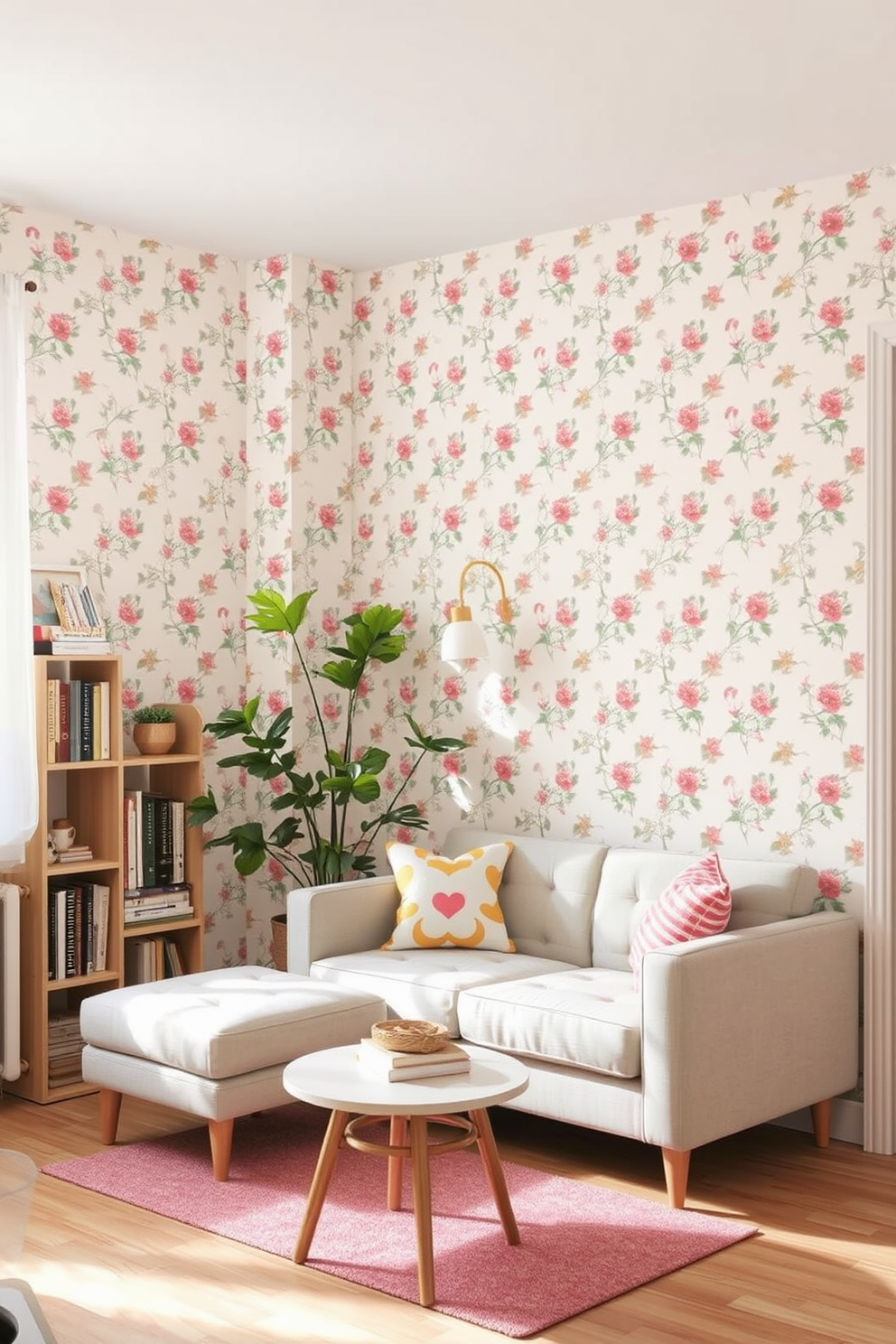 A cozy living area adorned with removable wallpaper featuring a delicate floral pattern that brings a fresh and vibrant feel to the space. The room is furnished with a compact sofa in a light pastel shade, complemented by a small coffee table and a few colorful throw pillows for added comfort. In one corner, a stylish bookshelf showcases a collection of books and decorative items, enhancing the room's character. A potted plant sits beside the window, allowing natural light to filter through and brighten the area, creating an inviting atmosphere.