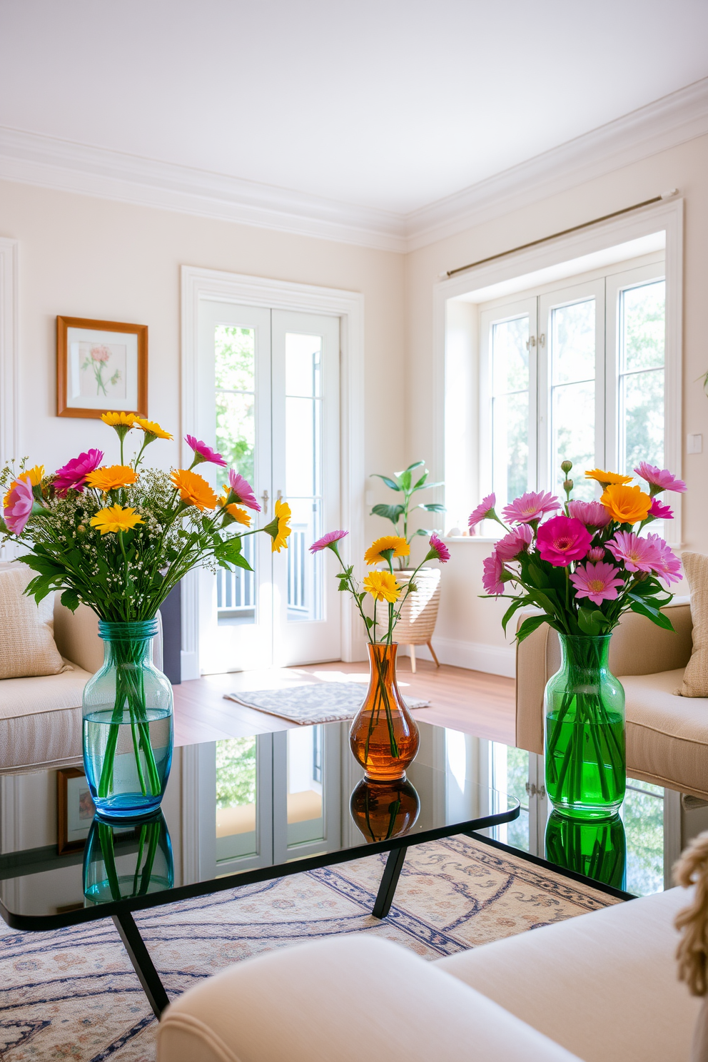 A charming small living area filled with natural light. Fresh flowers in colorful vases are placed on a sleek coffee table, adding a vibrant touch to the space. The walls are painted in soft pastel hues, creating a warm and inviting atmosphere. Cozy furniture arrangements maximize the space while maintaining a stylish and functional design.