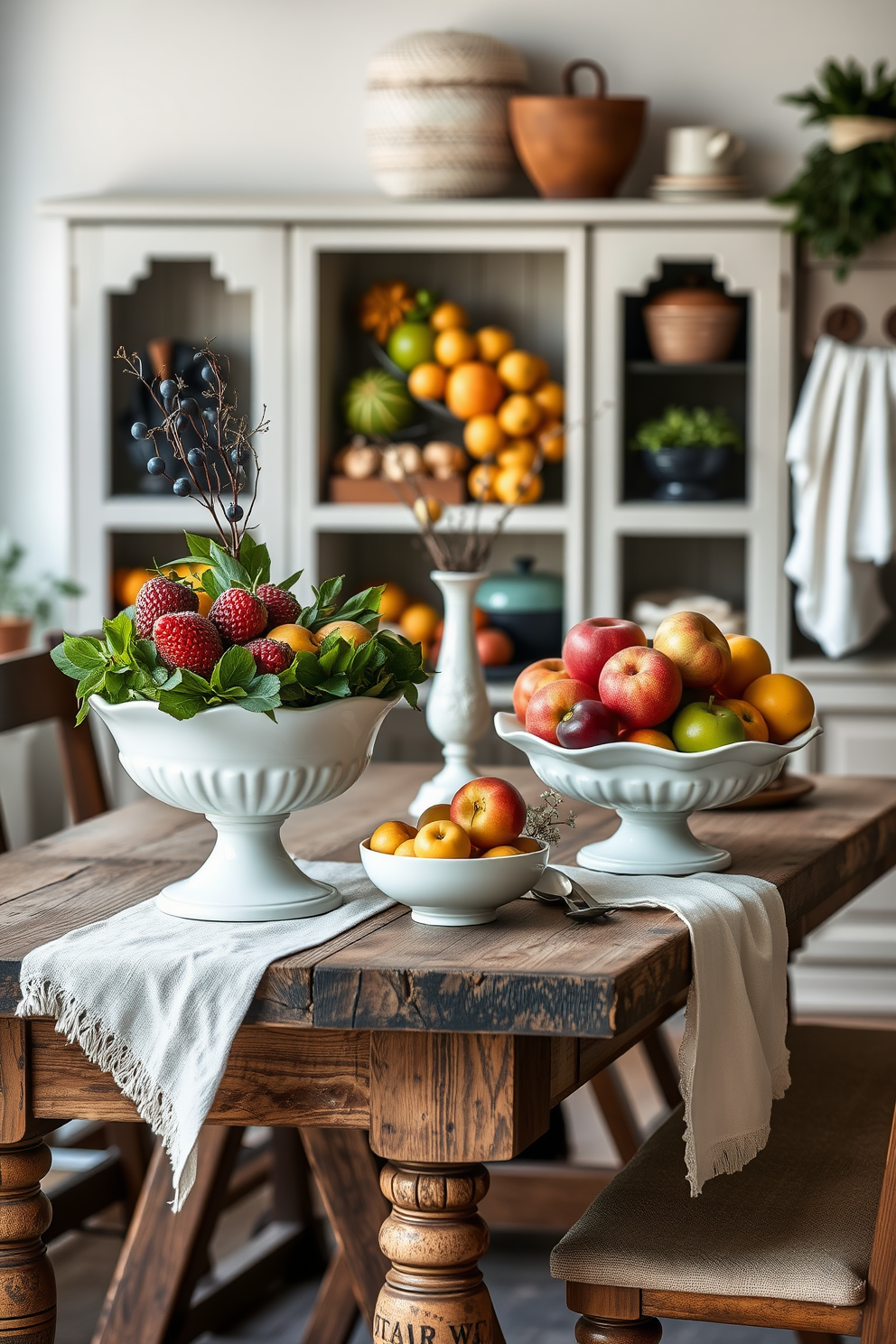 Display seasonal fruits in elegant bowls arranged on a rustic wooden table. Incorporate vibrant colors and textures to enhance the freshness of the spring season. Utilize clever storage solutions to maximize space while maintaining a stylish aesthetic. Add decorative elements like small potted plants and light fabrics to create a cozy atmosphere.