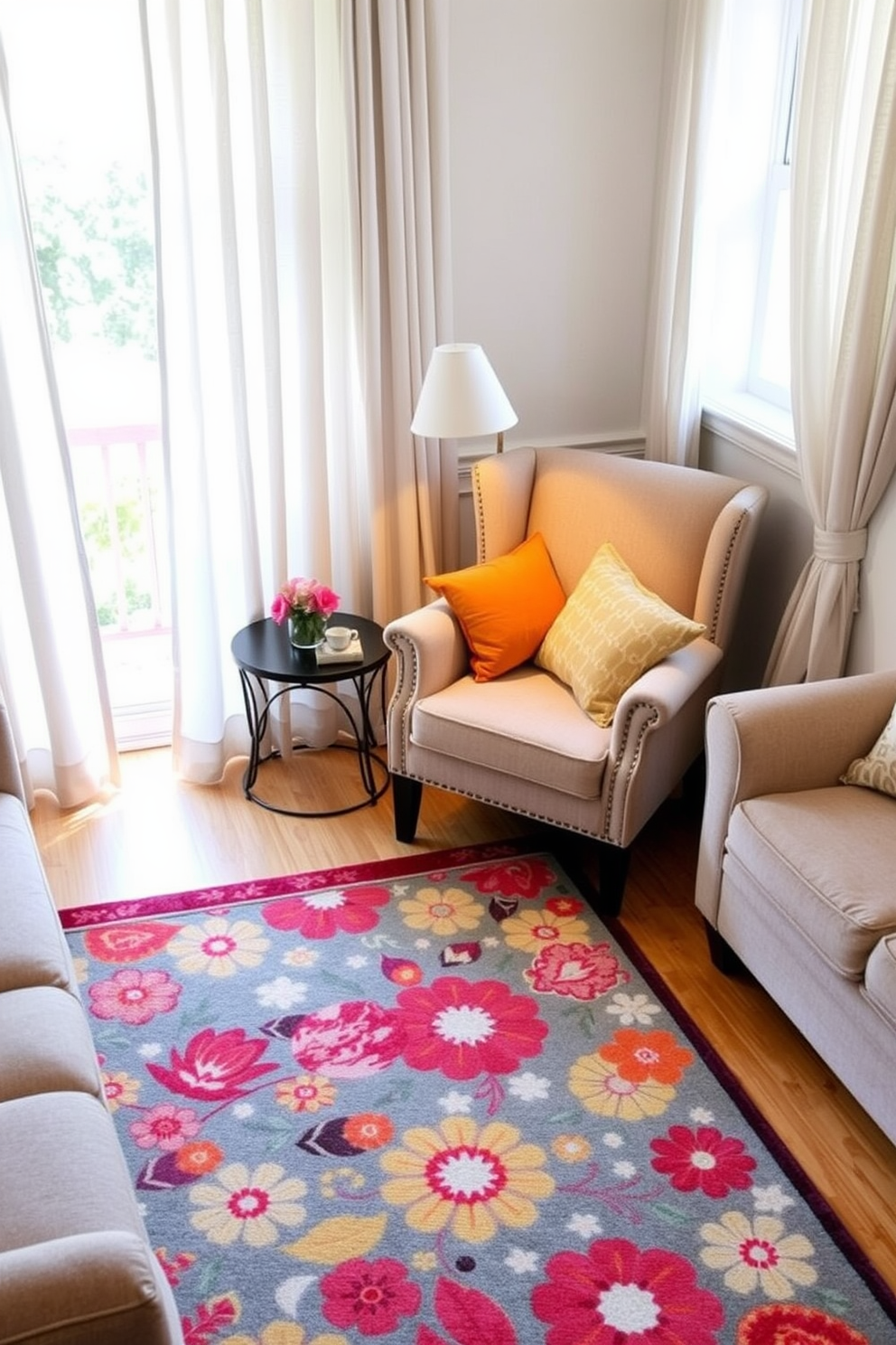 A vibrant area rug with a floral pattern anchors the living room, adding a splash of color to the neutral-toned furniture. The space is adorned with light curtains that allow natural light to filter in, enhancing the cheerful atmosphere of the small area. In one corner, a cozy reading nook features a comfortable armchair paired with a small side table, perfect for enjoying a cup of tea. Decorative cushions in complementary colors are scattered across the chair, inviting relaxation and warmth to the compact space.