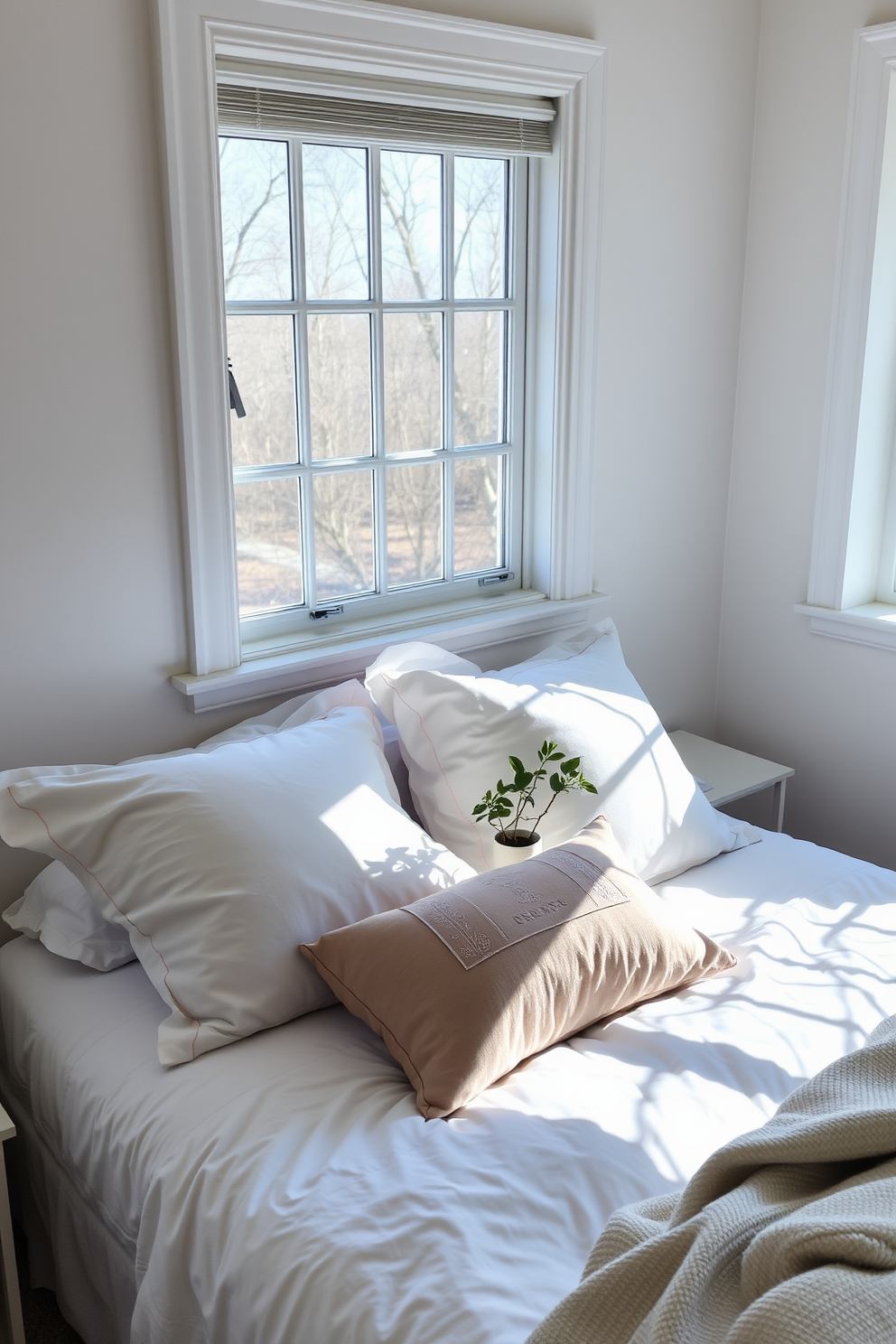 A cozy bedroom filled with natural light. The bed is dressed in soft white bedding with pastel-colored throw pillows, creating a fresh and inviting atmosphere. To maximize space, a small nightstand with a sleek design sits beside the bed. A delicate potted plant adds a touch of greenery on the nightstand, enhancing the spring vibe.