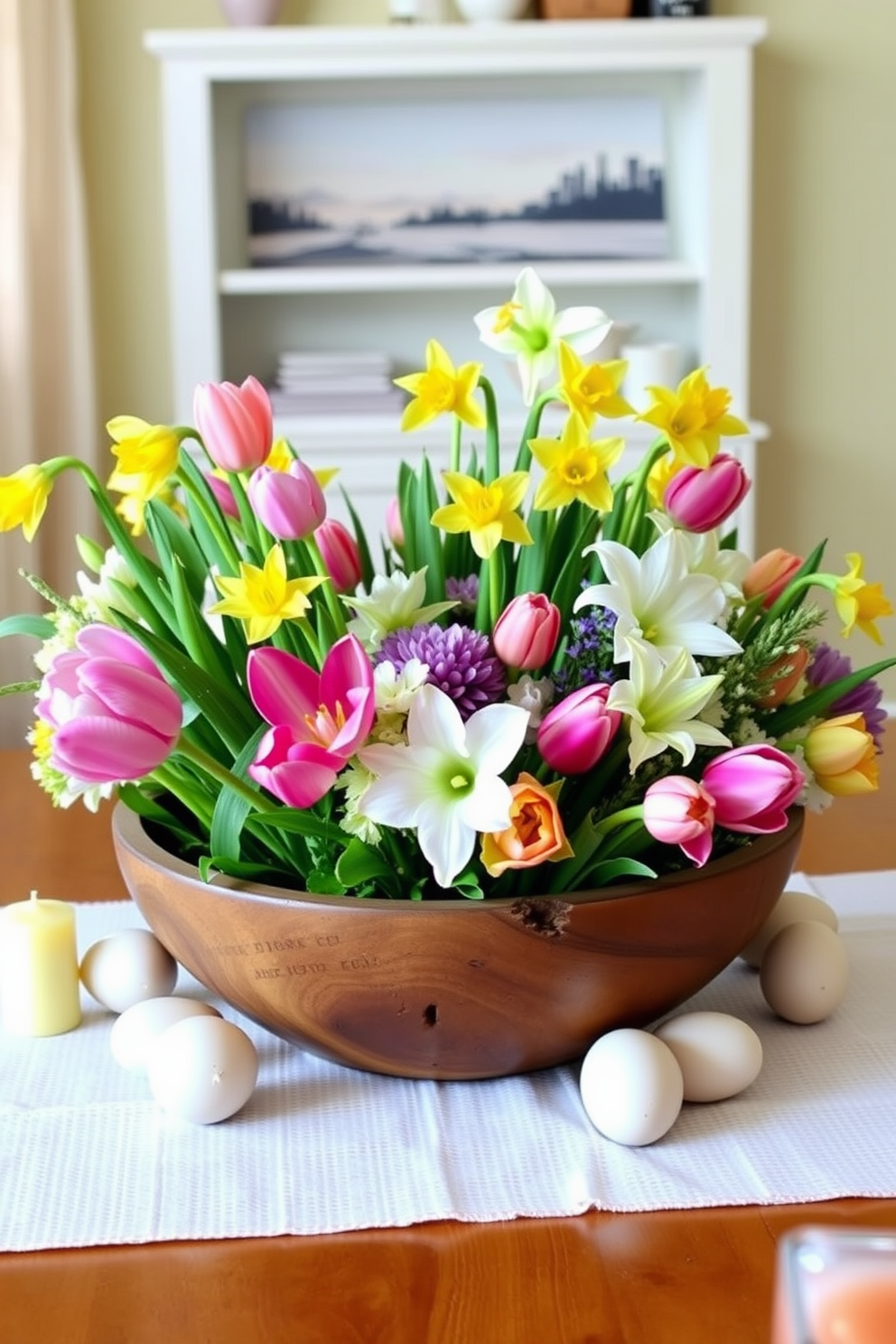 Create a vibrant spring-themed centerpiece featuring a mix of fresh flowers such as tulips and daffodils arranged in a rustic wooden bowl. Surround the centerpiece with pastel-colored candles and small decorative eggs to enhance the seasonal feel. Design a cozy small space that maximizes functionality and style. Incorporate multi-purpose furniture such as a foldable dining table and a compact sofa bed, accented with light, airy colors to create an inviting atmosphere.