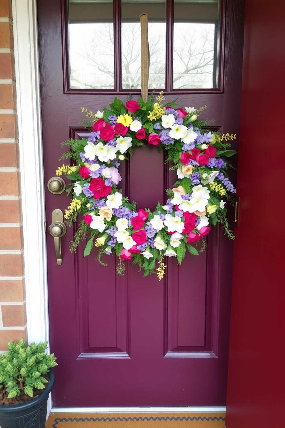 A charming front door adorned with a vibrant spring wreath made of fresh flowers and greenery. The entrance features a small potted plant on each side, enhancing the welcoming atmosphere of the cozy space.