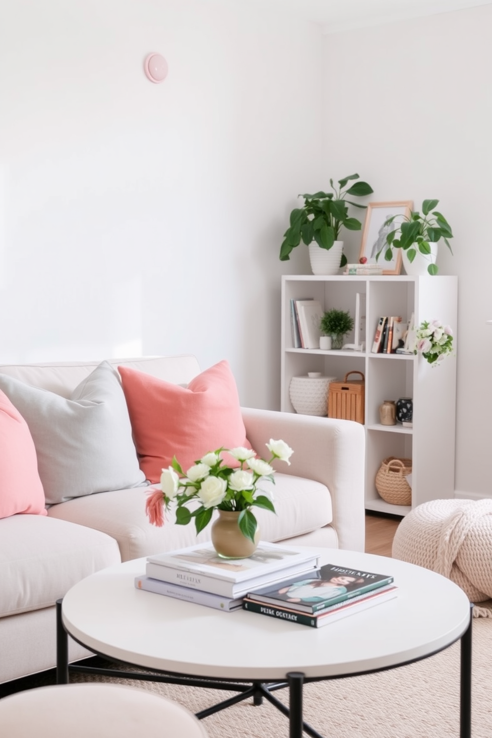 A cozy living room features a light and airy atmosphere with pastel-colored throw pillows on a soft sofa. A small coffee table is adorned with a stack of design books and a fresh floral arrangement, creating an inviting space. In the corner, a compact bookshelf showcases curated decor items and plants, adding a touch of greenery. The walls are painted in a soft white, enhancing the room's brightness and making it feel larger.