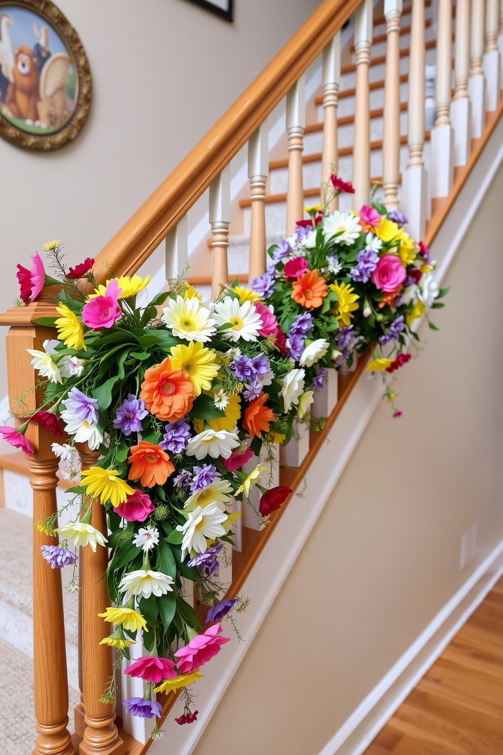 A vibrant garland of assorted flowers and greenery is elegantly draped along the wooden railing of the staircase. The colorful blooms create a cheerful and inviting atmosphere, enhancing the fresh spring decor of the home.