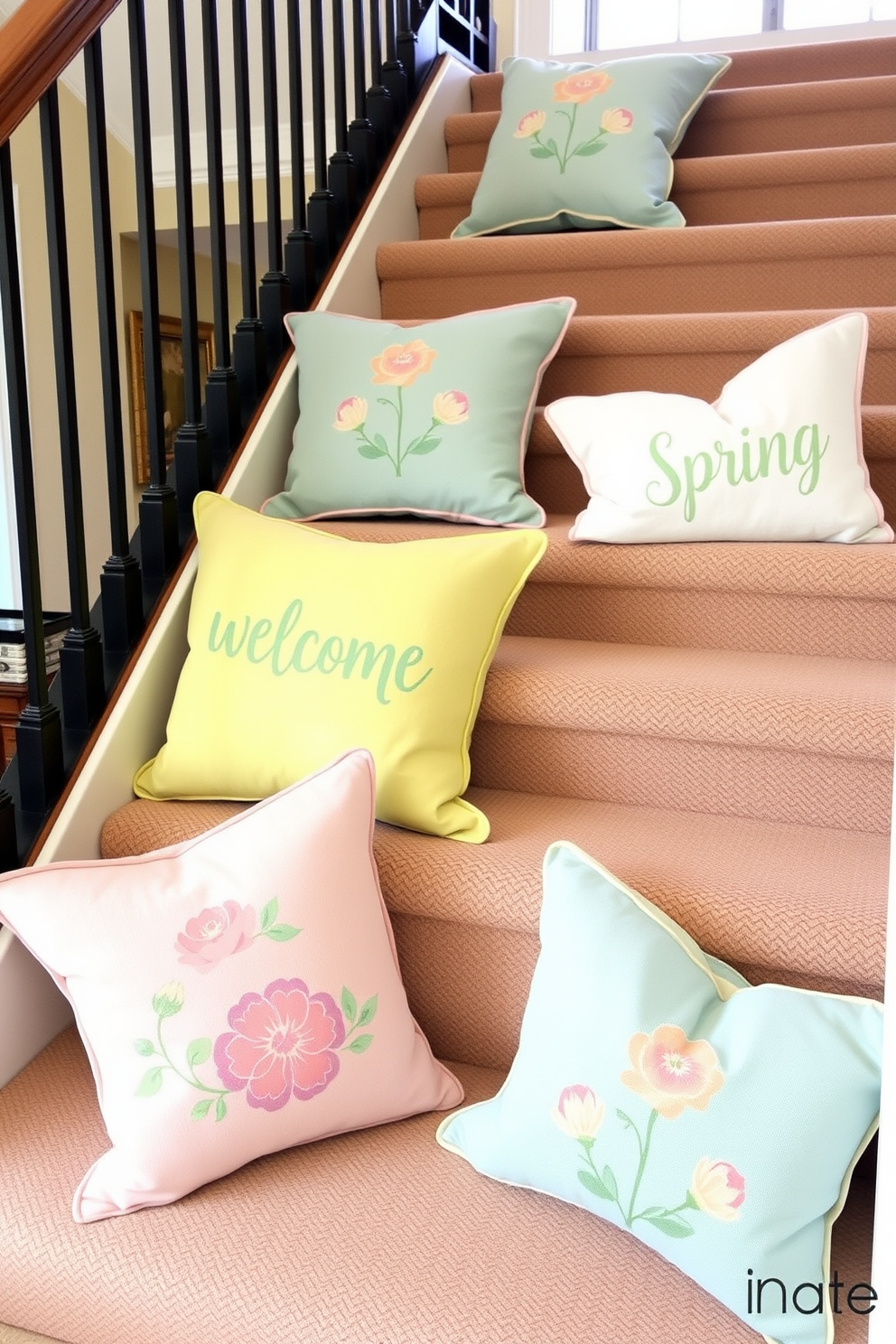 A charming staircase adorned with spring-themed throw pillows in soft pastel colors. The pillows are arranged neatly on each step, creating a welcoming and vibrant atmosphere.