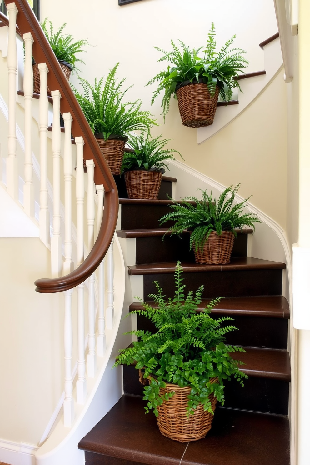 A charming staircase adorned with decorative baskets filled with vibrant greenery. The baskets are arranged on each step, creating a lively and inviting atmosphere that brings the beauty of spring indoors.