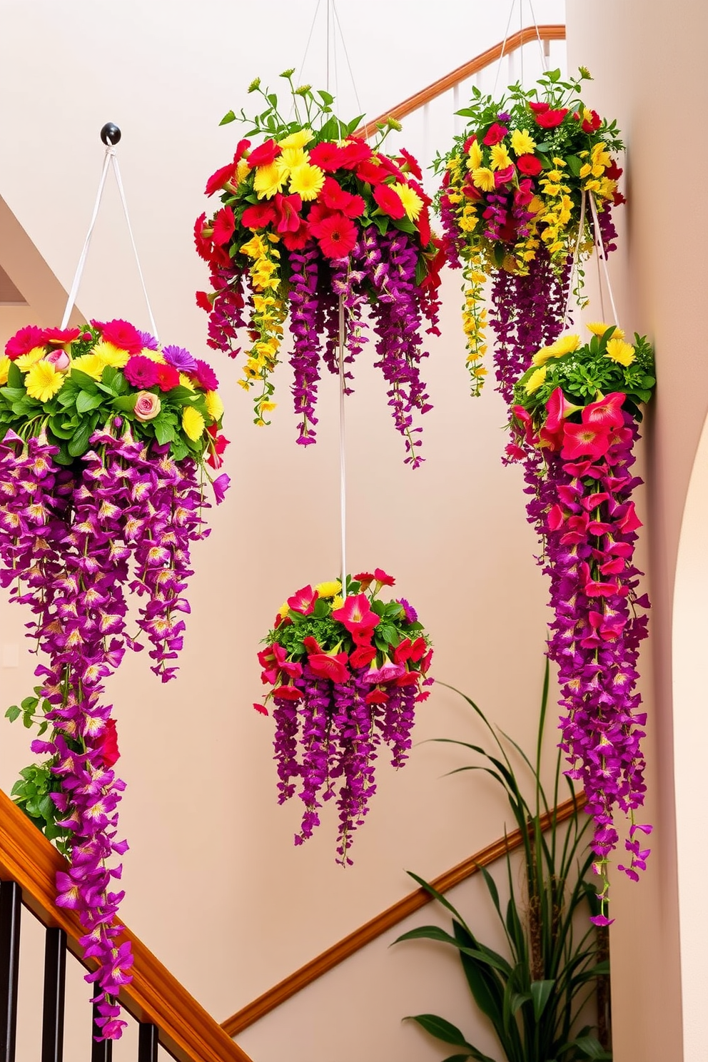 Hanging planters filled with vibrant cascading flowers adorn the staircase, creating a lively and inviting atmosphere. The planters are suspended at varying heights, allowing the flowers to drape elegantly down the sides of the staircase. The staircase itself features a sleek wooden railing and soft neutral-toned walls that enhance the natural beauty of the flowers. Accents of greenery are incorporated throughout, complementing the colorful blooms and adding a fresh touch to the space.