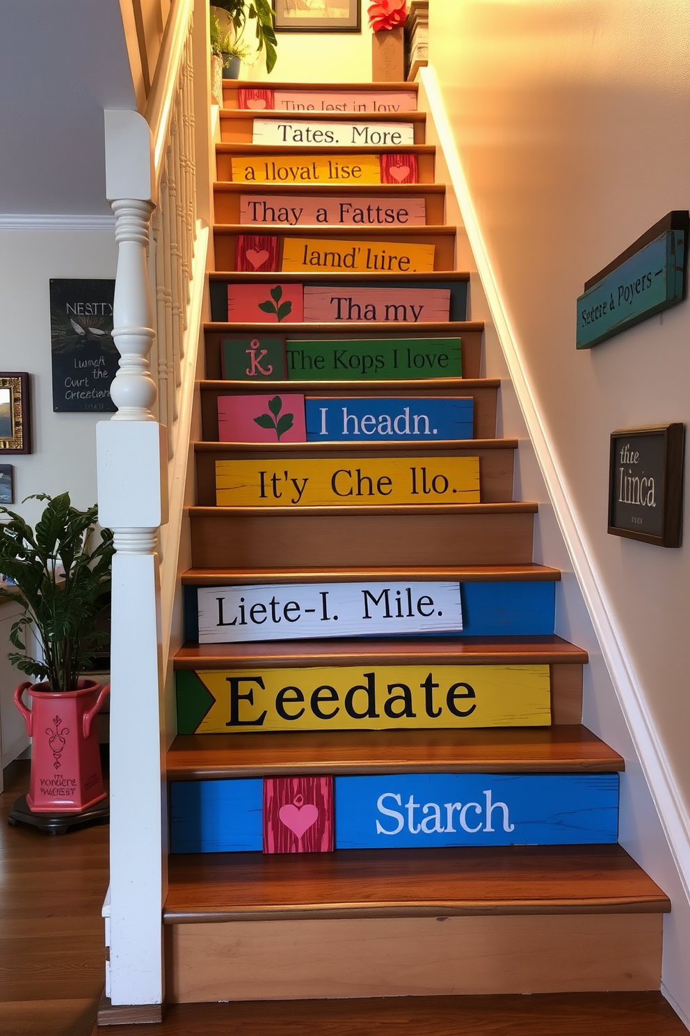 Colorful painted wooden signs are creatively arranged on each step of a charming staircase, adding a playful and inviting touch. The signs feature various designs and messages, enhancing the whimsical atmosphere of the space. The staircase is adorned with vibrant hues that complement the surrounding decor, creating a cohesive and lively look. Soft lighting illuminates the signs, casting gentle shadows and highlighting their artistic details.