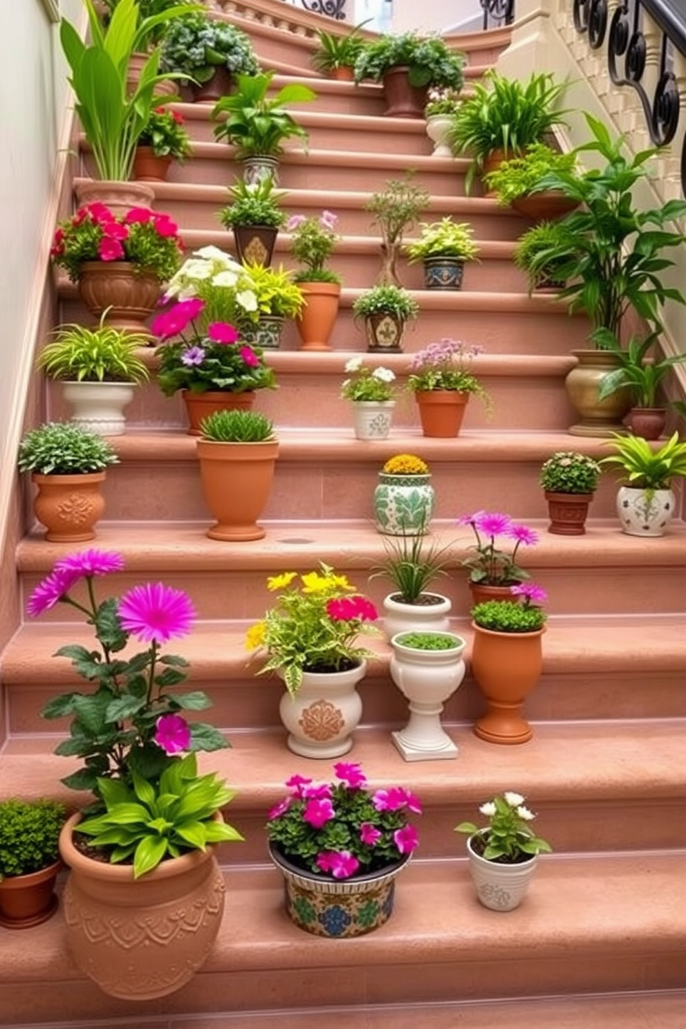 A collection of miniature gardens arranged in decorative pots of various sizes. Each pot features a unique design, showcasing vibrant flowers and lush greenery that create a lively atmosphere. The staircase is adorned with elegant decorations that enhance its charm. Soft lighting illuminates the space, highlighting the beauty of the plants and decorative elements along the steps.