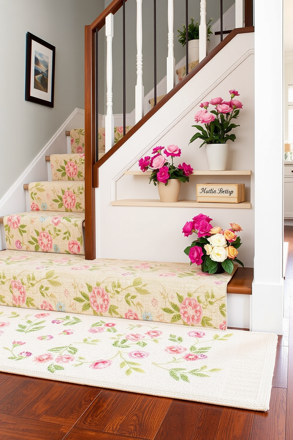 Layered rugs with spring patterns create a vibrant and inviting atmosphere in any space. The top rug features a floral design in pastel colors, while the base rug is a solid neutral tone that complements the overall decor. Spring staircase decorating ideas can transform a simple staircase into a stunning focal point. Consider adding potted plants on each step, adorned with colorful blooms that enhance the freshness of the season.