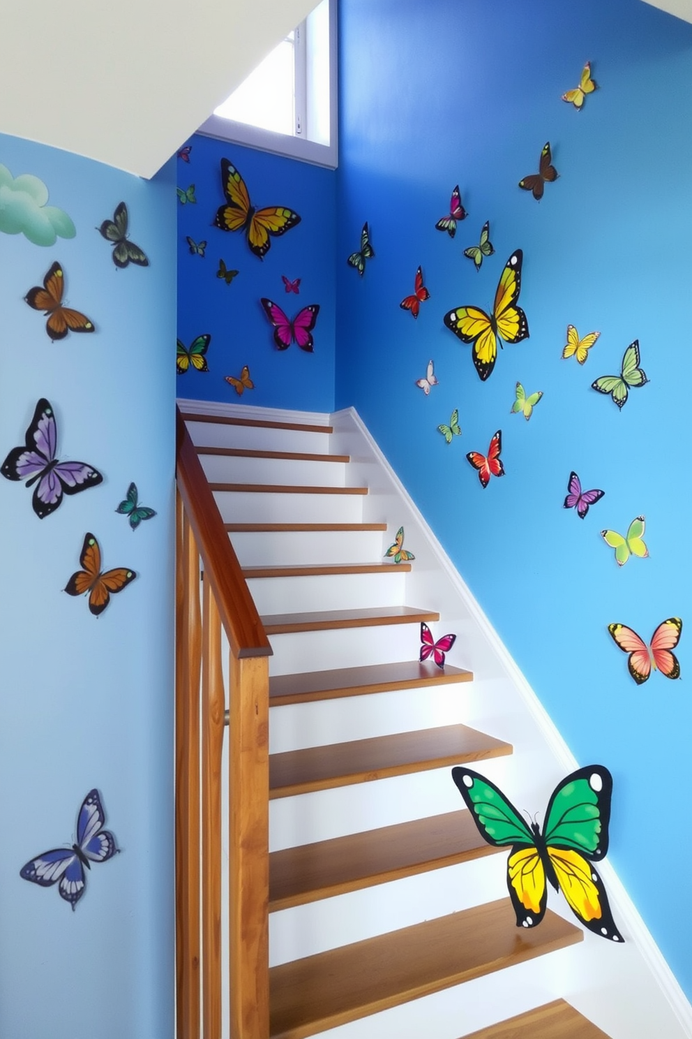 A whimsical staircase adorned with colorful butterflies fluttering along the walls. The butterflies are painted in vibrant hues, creating a playful and cheerful atmosphere throughout the space.