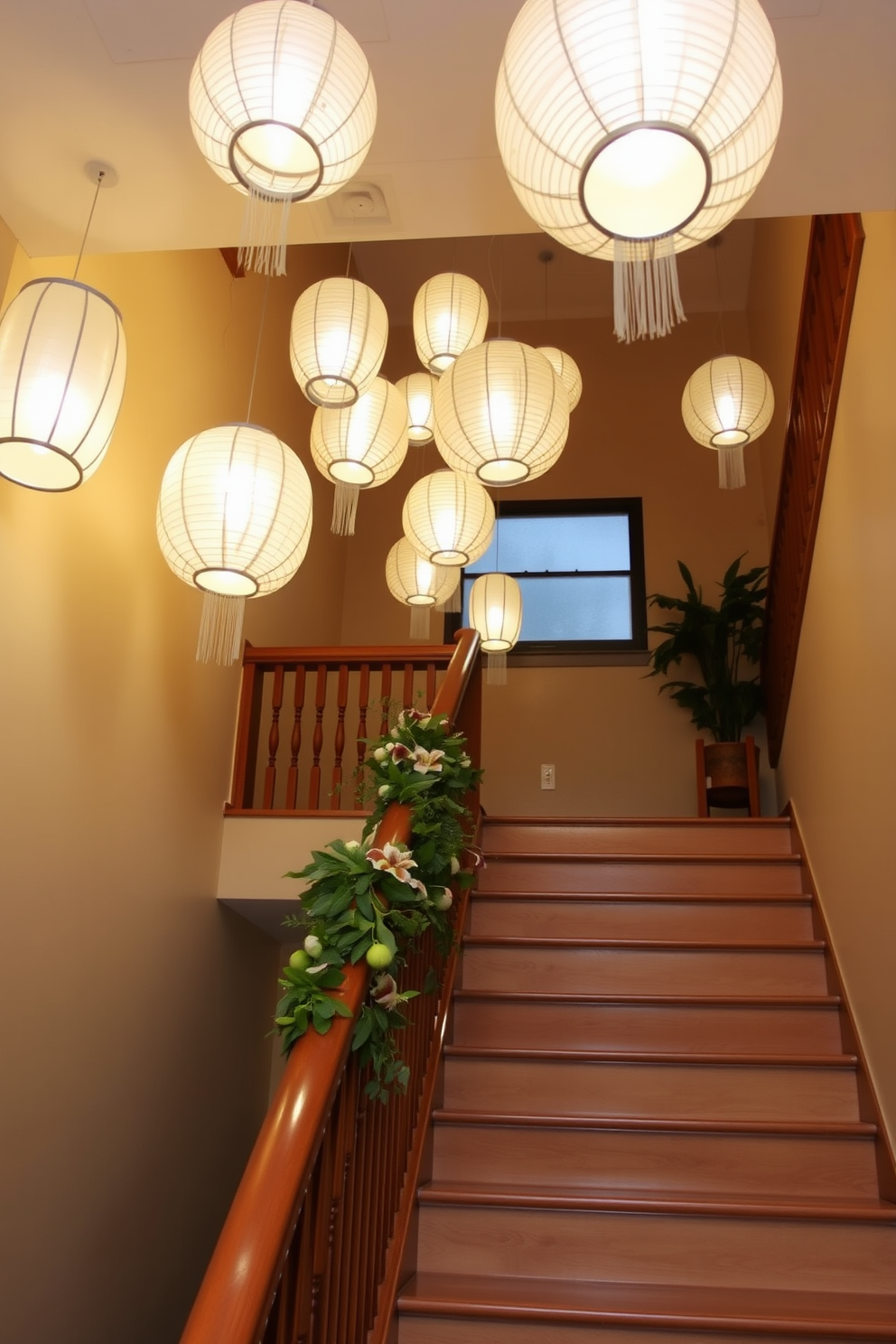 A warm and inviting staircase adorned with delicate paper lanterns that hang gracefully from the ceiling. The soft glow of the lanterns illuminates the space, creating a serene and welcoming atmosphere for guests. The staircase features a rich wooden railing that complements the natural tones of the surrounding walls. Fresh greenery and seasonal decorations are artfully arranged along the steps, enhancing the springtime charm of the setting.