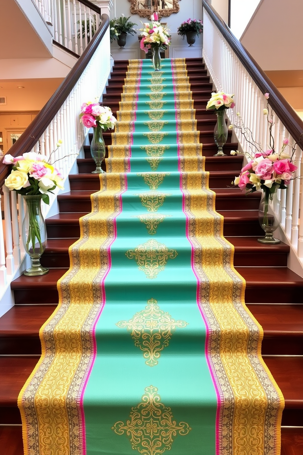 Brightly colored table runners cascade down the steps of a grand staircase, adding a vibrant touch to the space. Each runner features intricate patterns that complement the surrounding decor, creating a lively and inviting atmosphere. Spring-themed decorations adorn the staircase, with fresh flowers in elegant vases placed strategically along the way. Soft pastel colors and natural elements enhance the seasonal charm, making the staircase a focal point of warmth and beauty.