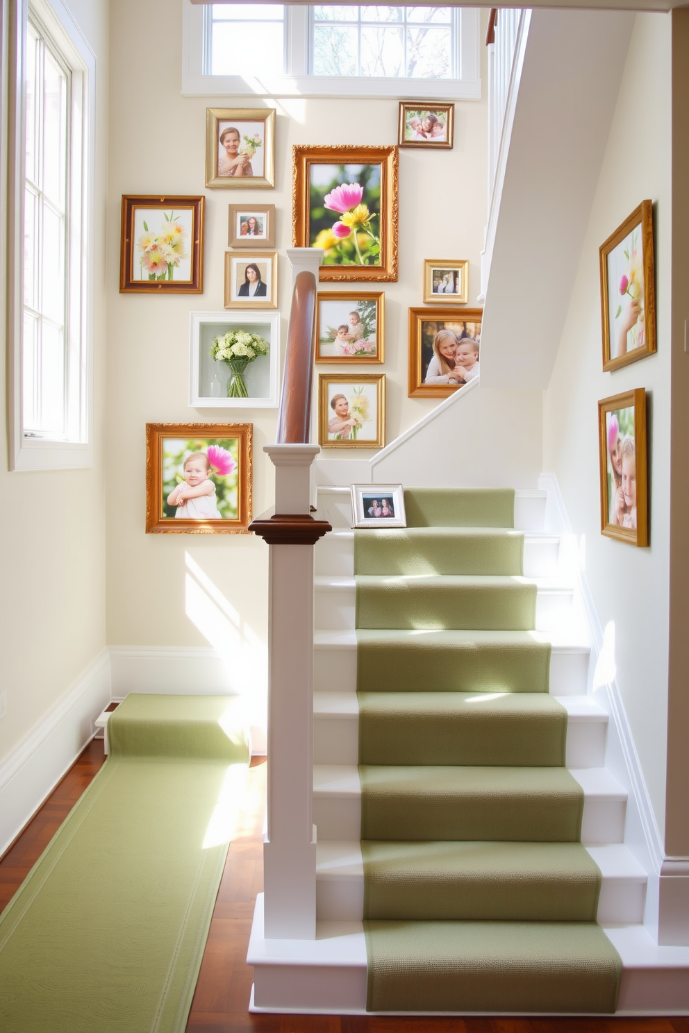 Spring-themed photo frames adorn the landings of a beautifully designed staircase. The frames showcase vibrant floral prints and family memories, adding a cheerful touch to the space. The staircase itself is elegantly decorated with a fresh pastel color palette. Soft green runner carpets complement the natural light streaming in from nearby windows, creating a warm and inviting atmosphere.