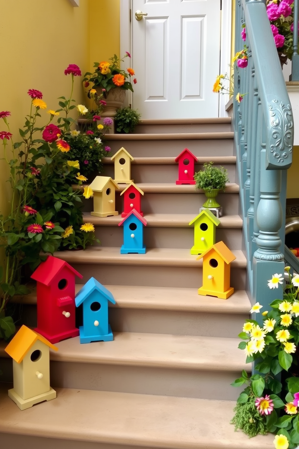 Brightly colored birdhouses are arranged on the steps of a charming spring staircase. The staircase is adorned with vibrant flowers and greenery, creating a lively and inviting atmosphere.