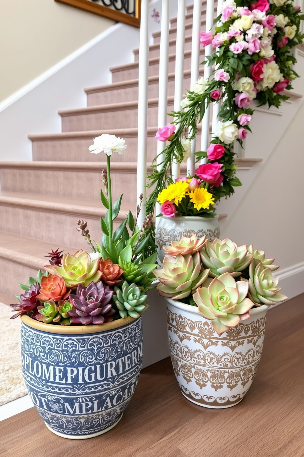 Succulent arrangements in decorative containers. The containers are made of ceramic and feature intricate patterns, showcasing a variety of colorful succulents that thrive in bright light. Spring staircase decorating ideas. The staircase is adorned with fresh flowers in pastel hues, and decorative garlands drape elegantly along the banister, creating a welcoming atmosphere.