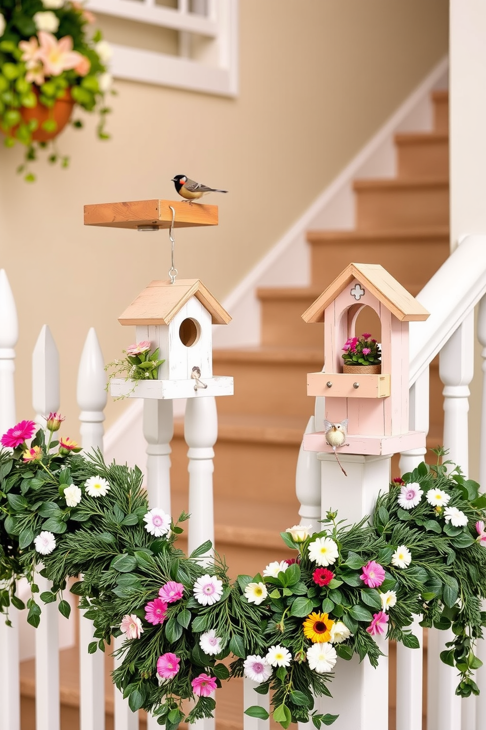 Charming bird feeders attached to railings create a delightful focal point in any outdoor space. These feeders are crafted from rustic wood and painted in soft pastel colors, inviting a variety of birds to visit. Spring staircase decorating ideas bring a fresh and vibrant touch to your home. Adorn the staircase with potted flowers, garlands of greenery, and cheerful decorative accents that reflect the beauty of the season.