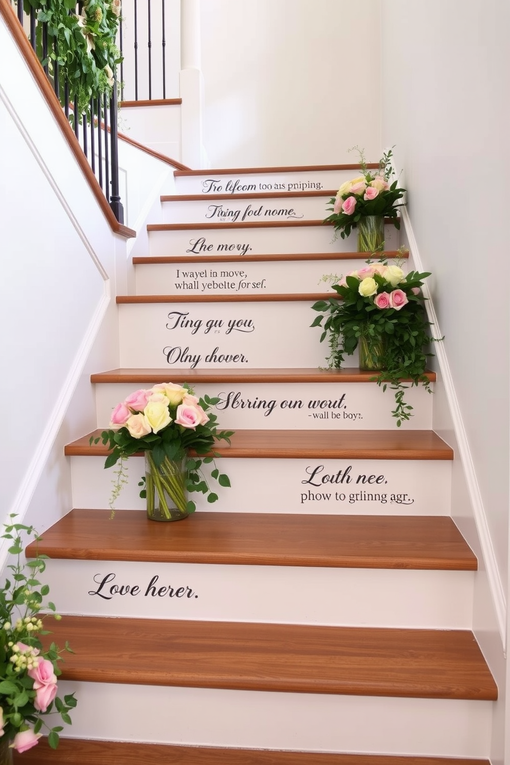 Seasonal quotes are elegantly painted on the stair risers, each one capturing the essence of spring. The staircase is adorned with fresh greenery and pastel-colored flowers, creating a vibrant and inviting atmosphere.