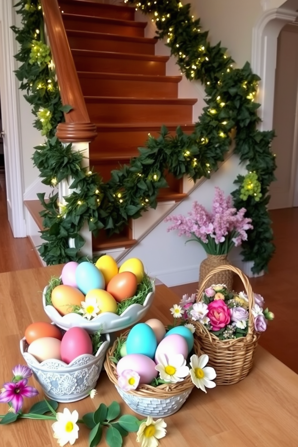 Colorful eggs in decorative bowls are arranged on a wooden table, showcasing a vibrant palette of pastel hues. Surrounding the bowls are fresh spring flowers in bloom, adding a touch of nature to the festive display. The staircase is adorned with garlands of greenery intertwined with twinkling fairy lights, creating a warm and inviting atmosphere. Decorative baskets filled with seasonal decorations are placed at the base of the stairs, enhancing the cheerful spring theme.