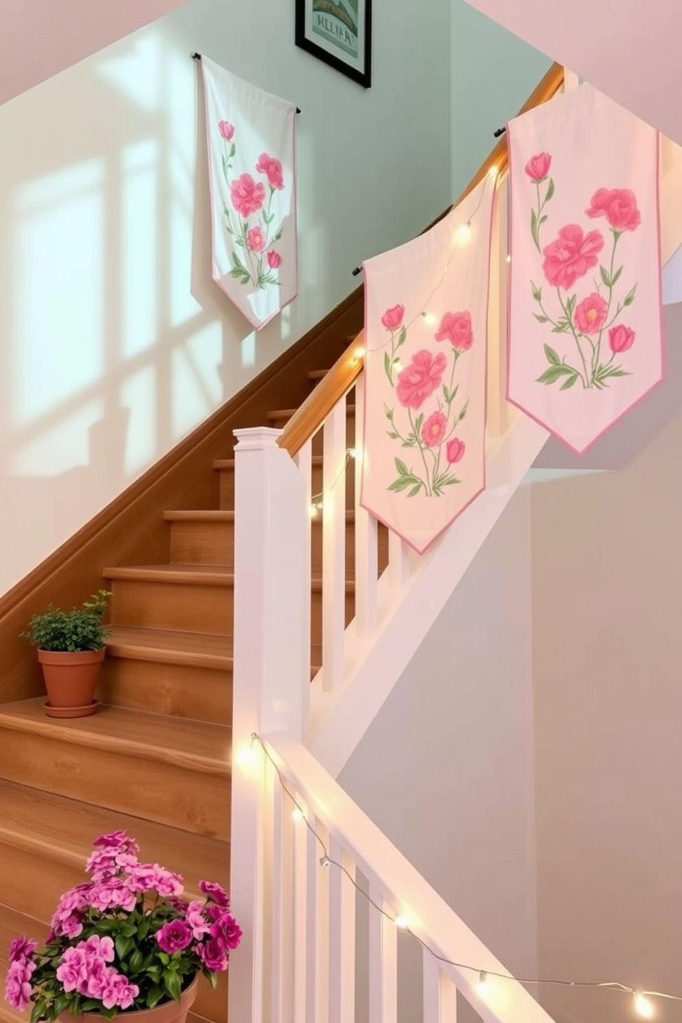 Hanging fabric banners with spring motifs create a vibrant and cheerful atmosphere. The banners feature floral patterns in pastel colors, gently swaying in the breeze as they adorn the walls. Spring staircase decorating ideas can transform a simple entryway into a welcoming space. Consider adding potted plants on each step and string lights along the railing for a warm and inviting touch.