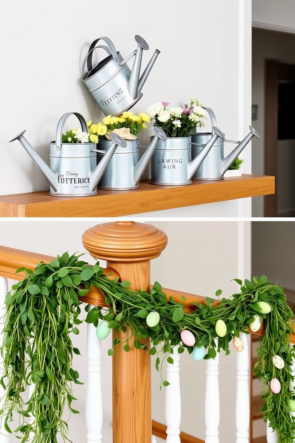 Vintage watering cans serve as charming decor pieces, adding a rustic touch to any interior space. Arranged on a wooden shelf, these cans can be filled with fresh flowers or displayed alone for a simple yet elegant look. For spring staircase decorating ideas, consider draping a garland of greenery along the banister. Complement the natural elements with pastel-colored accents, such as decorative eggs or small potted plants, to create a vibrant and inviting atmosphere.