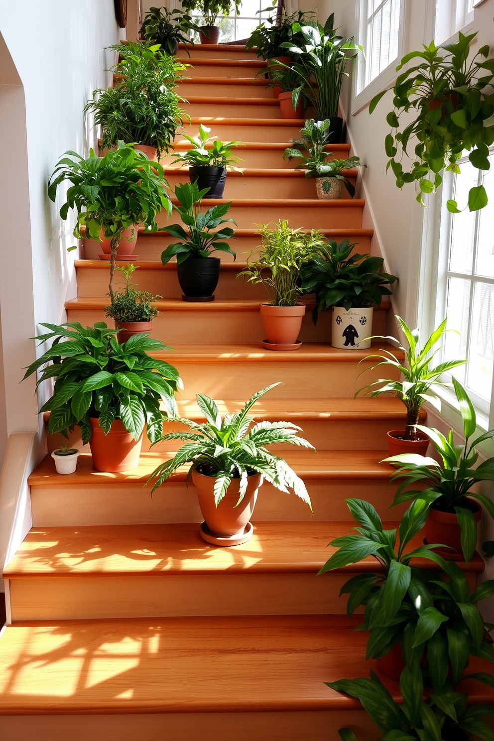 A beautiful staircase adorned with potted plants creates a refreshing and inviting atmosphere. The lush greenery of the plants contrasts elegantly with the staircase's wooden steps, enhancing the overall aesthetic. Each pot features a unique design, adding character and charm to the space. Soft natural light filters through nearby windows, casting gentle shadows that highlight the vibrant foliage.