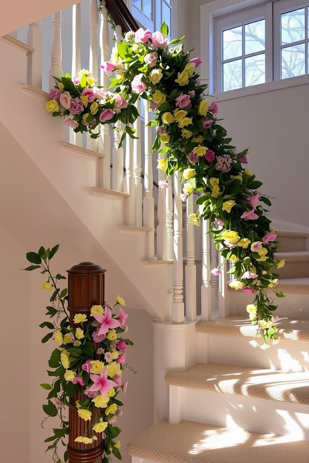 A charming staircase adorned with spring-themed garlands made of vibrant flowers. The garlands drape elegantly along the banister, featuring a mix of pastel blooms and lush greenery that bring a fresh burst of color to the space. Delicate blossoms in shades of pink, yellow, and lavender cascade down the steps, creating a whimsical and inviting atmosphere. Soft, natural light filters through nearby windows, enhancing the beauty of the floral decorations and adding warmth to the overall design.