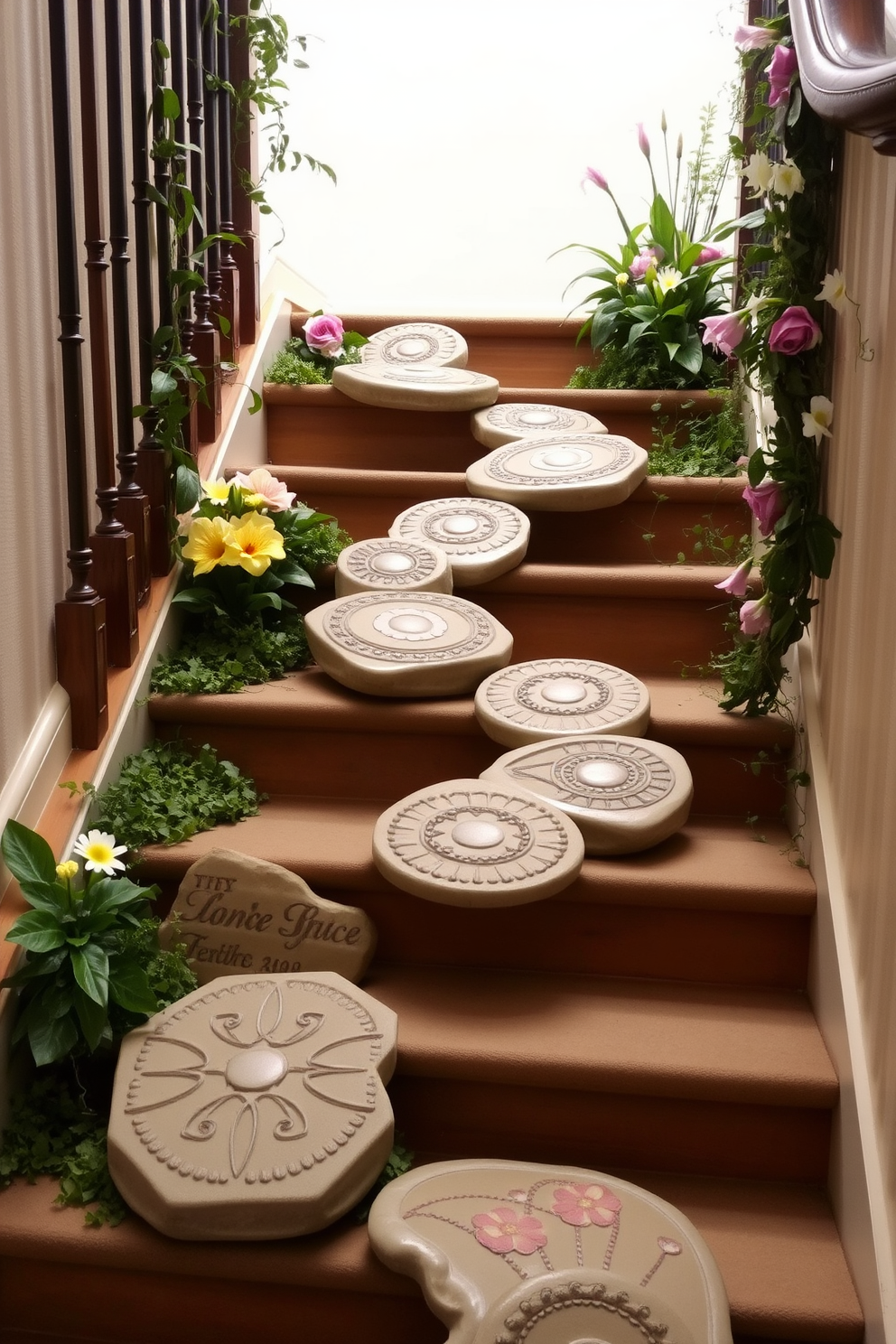 Decorative stepping stones are artfully arranged on the stairs, creating a charming and inviting pathway. The stones feature intricate designs and vibrant colors that enhance the overall aesthetic of the staircase. Spring-themed decorations adorn the staircase, with fresh flowers and pastel-colored accents bringing a lively touch. Soft greenery intertwines with the decor, creating a harmonious blend of nature and elegance.