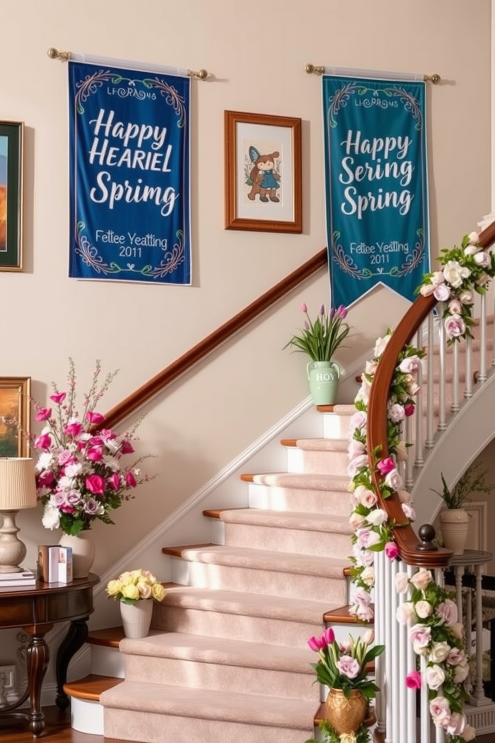 Banners with seasonal greetings hang elegantly on the walls, adding a festive touch to the home. The vibrant colors of the banners complement the surrounding decor, creating a warm and inviting atmosphere. The staircase is adorned with fresh floral arrangements and soft pastel accents, celebrating the essence of spring. Decorative elements like garlands and cheerful artwork enhance the overall charm of the space, making it a delightful focal point.