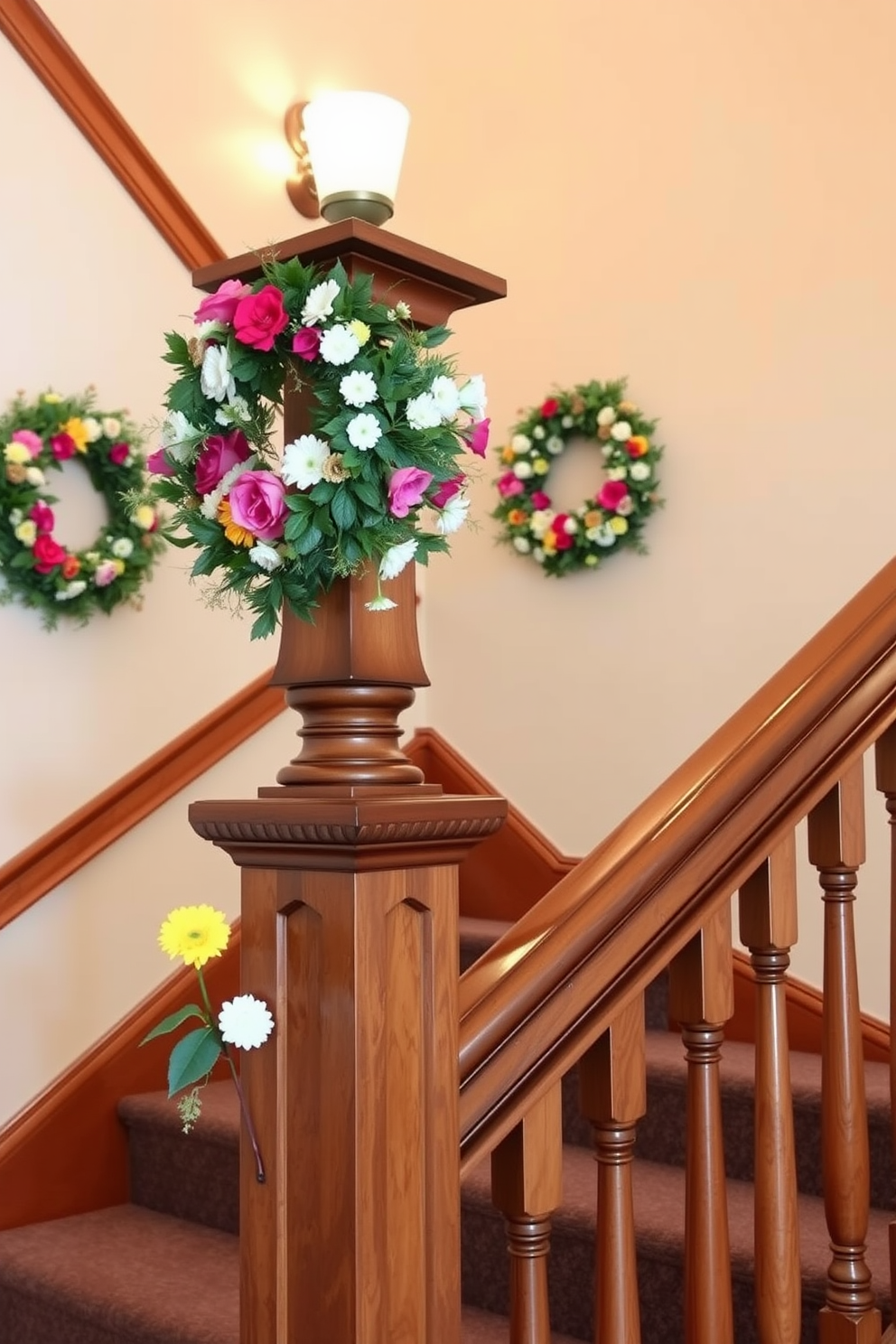 Floral wreaths adorn the staircase posts, bringing a touch of nature indoors. Each wreath is vibrant with seasonal blooms, creating a cheerful and inviting atmosphere. The staircase itself is elegantly designed, featuring polished wooden railings that complement the floral arrangements. Soft lighting casts a warm glow, enhancing the beauty of the spring decorations.