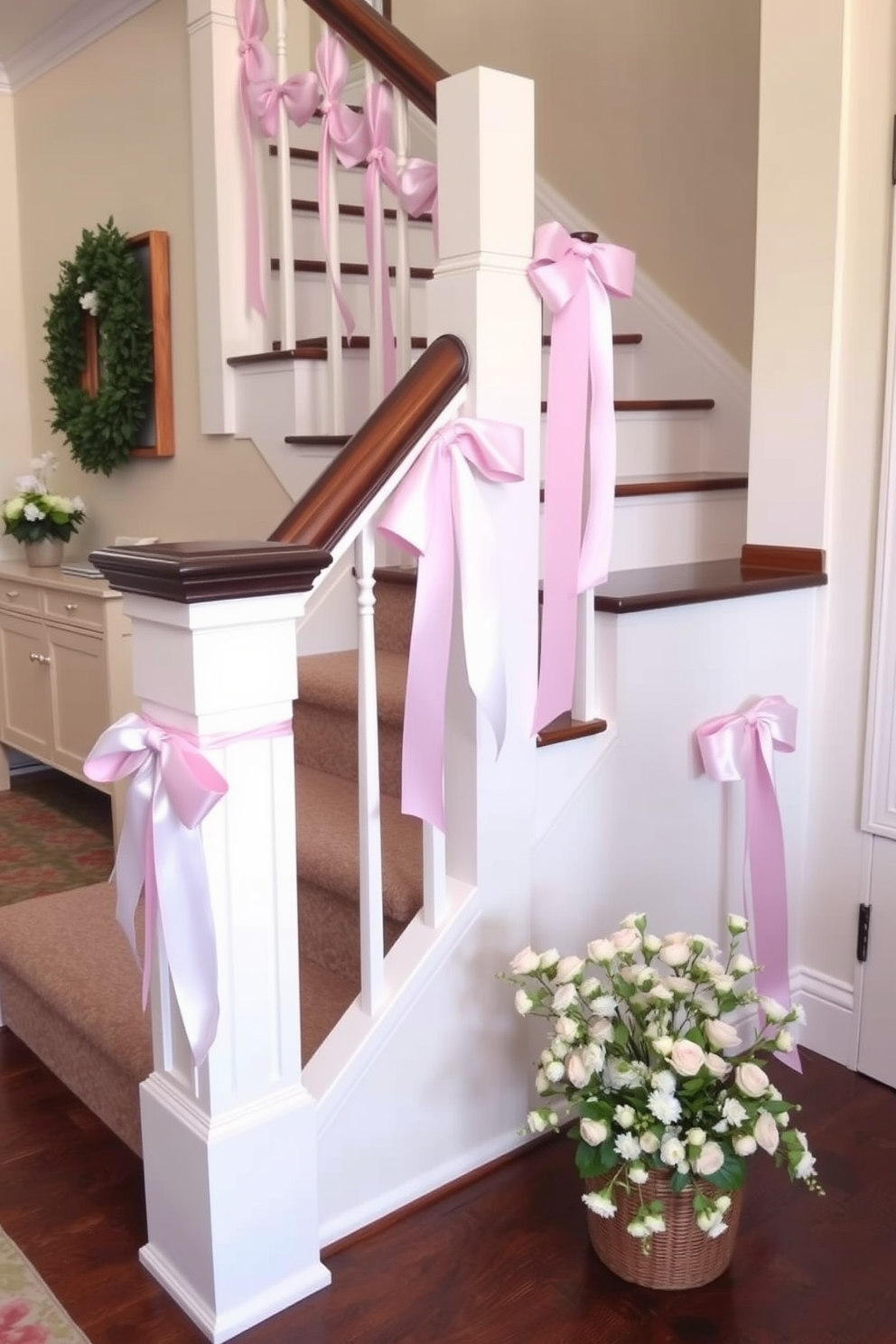 A charming staircase adorned with pastel ribbons elegantly tied to the banisters. The soft colors create a whimsical atmosphere, enhancing the springtime feel of the home.