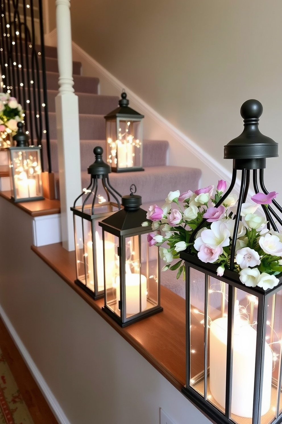 Decorative lanterns are placed along the staircase, each filled with delicate fairy lights that create a warm and inviting glow. The staircase is adorned with fresh spring flowers in pastel colors, adding a cheerful touch to the overall decor.