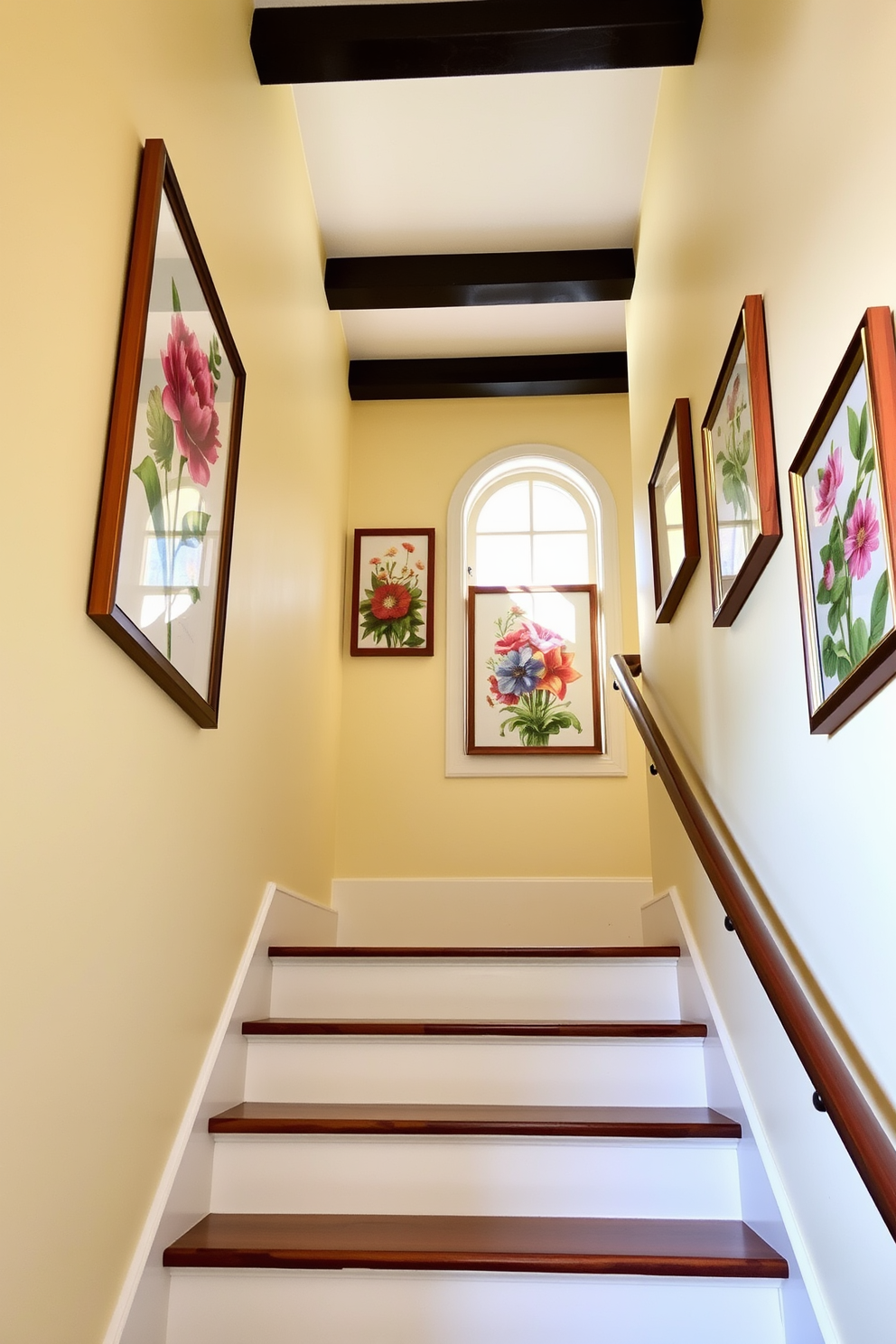 A bright and inviting staircase adorned with seasonal artwork that reflects the essence of spring. The walls are decorated with framed botanical prints and colorful floral paintings, creating a cheerful atmosphere as you ascend.