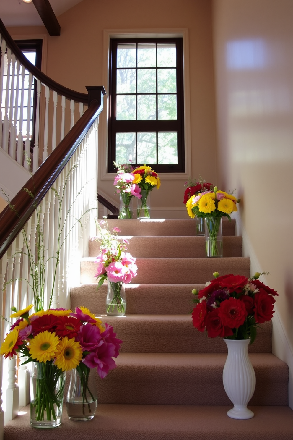 Fresh flowers in elegant vases are artfully arranged on each step of the staircase, creating a vibrant and inviting atmosphere. The colorful blooms complement the natural light streaming in, enhancing the beauty of the staircase and its surroundings.