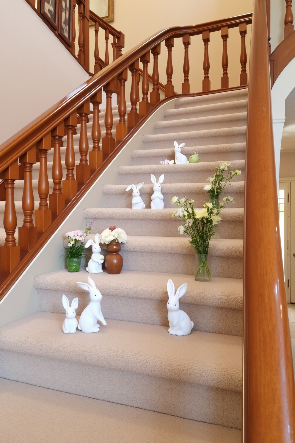 Bunny figurines are artfully arranged on the landings of a beautifully designed staircase. The staircase features elegant wooden railings and soft, neutral-toned carpeting that complements the whimsical decor. Fresh flowers in pastel hues are placed alongside the bunny figurines, adding a touch of spring charm. Soft lighting illuminates the staircase, creating a warm and inviting atmosphere that highlights the seasonal decorations.