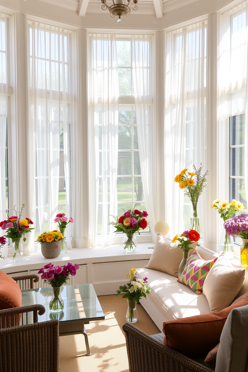 Brighten the sunroom with an array of pastel throw pillows in soft shades of pink, mint, and lavender. Arrange the pillows on a comfortable white wicker sofa, creating a cheerful and inviting atmosphere. Incorporate light, airy curtains that flutter gently in the breeze, allowing natural sunlight to flood the space. Add potted plants and a small wooden coffee table to enhance the fresh and vibrant spring decor.