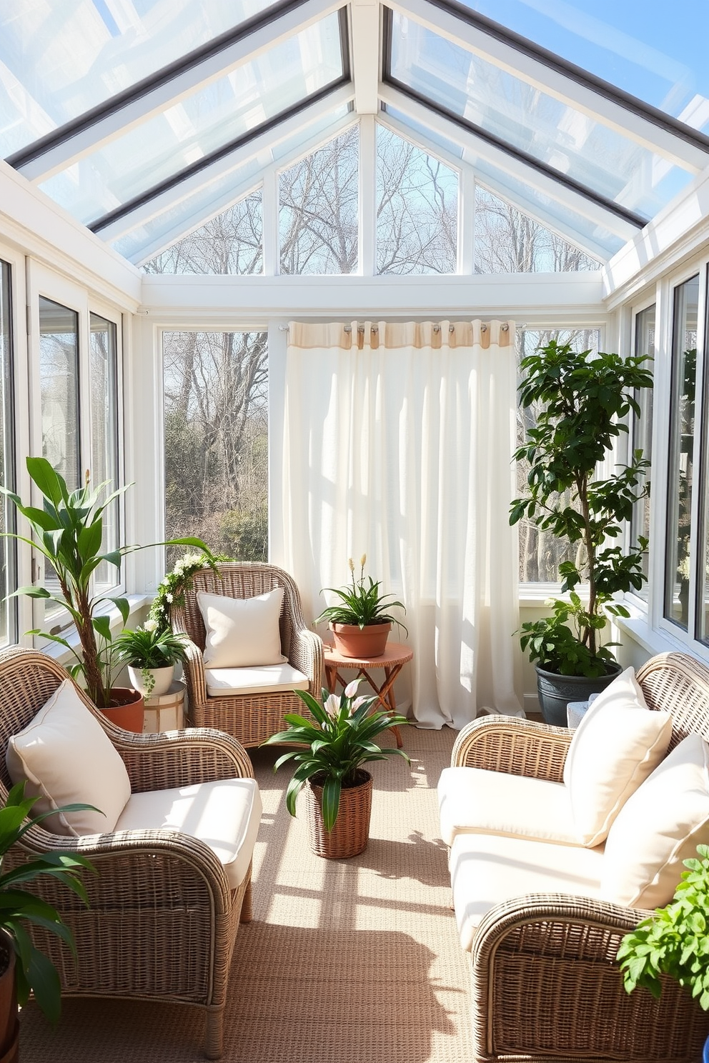 A bright and airy sunroom filled with natural light. The space features large windows adorned with sheer white curtains, allowing sunlight to filter through while maintaining privacy. In one corner, a small indoor herb garden thrives in a rustic wooden planter. Surrounding the garden, colorful potted plants and comfortable seating create a welcoming atmosphere for relaxation and enjoyment.