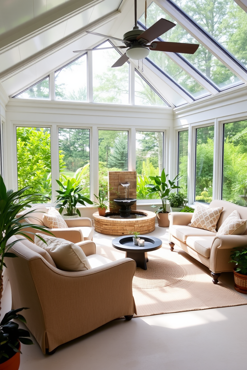 A bright and airy sunroom filled with vintage finds that add unique accents to the space. There are mismatched chairs and a reclaimed wood table surrounded by potted plants and colorful throw pillows. The walls are adorned with vintage botanical prints and the ceiling is lined with delicate fairy lights. A large wicker basket holds cozy blankets, inviting relaxation and enjoyment of the spring sunshine.