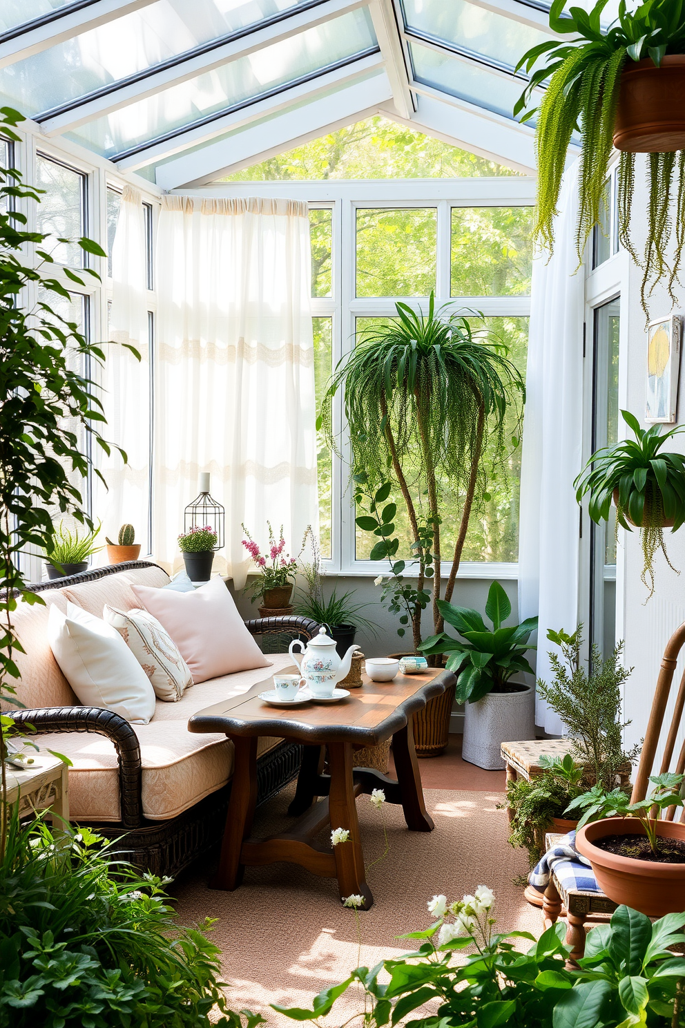 A sunroom filled with natural light and vibrant greenery. The walls are painted in soft pastel colors that evoke a sense of calm and freshness. Cozy seating arrangements with plush cushions invite relaxation and conversation. Decorative elements like potted plants and light curtains enhance the airy atmosphere.