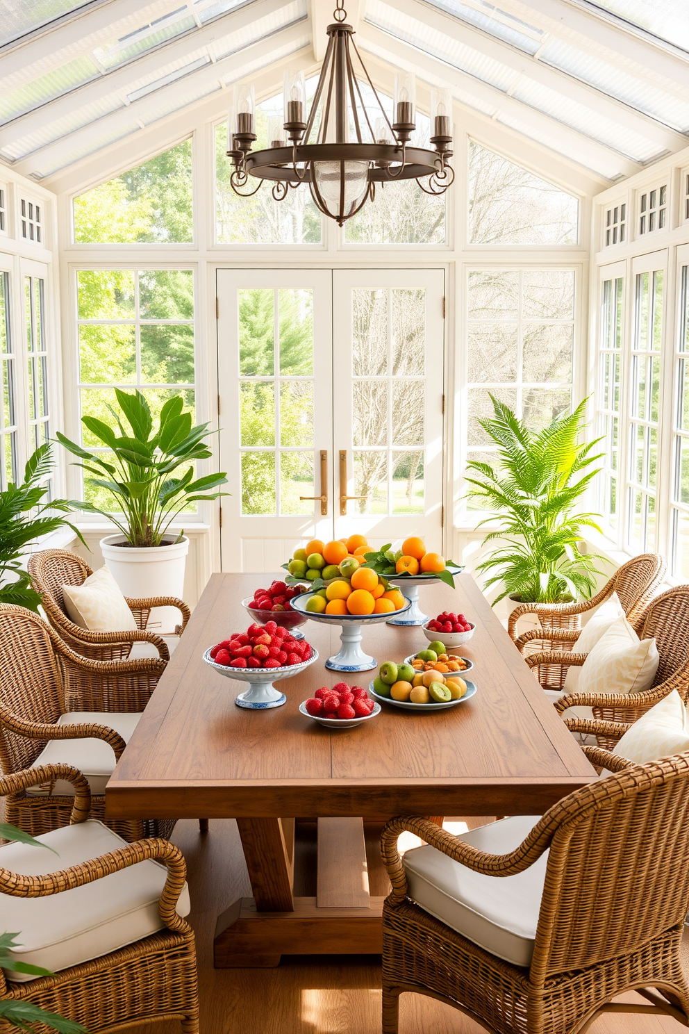 Layer different textures with cushions in a bright and airy sunroom filled with natural light. Incorporate soft pastel colors and various fabric patterns to create a cozy and inviting atmosphere.