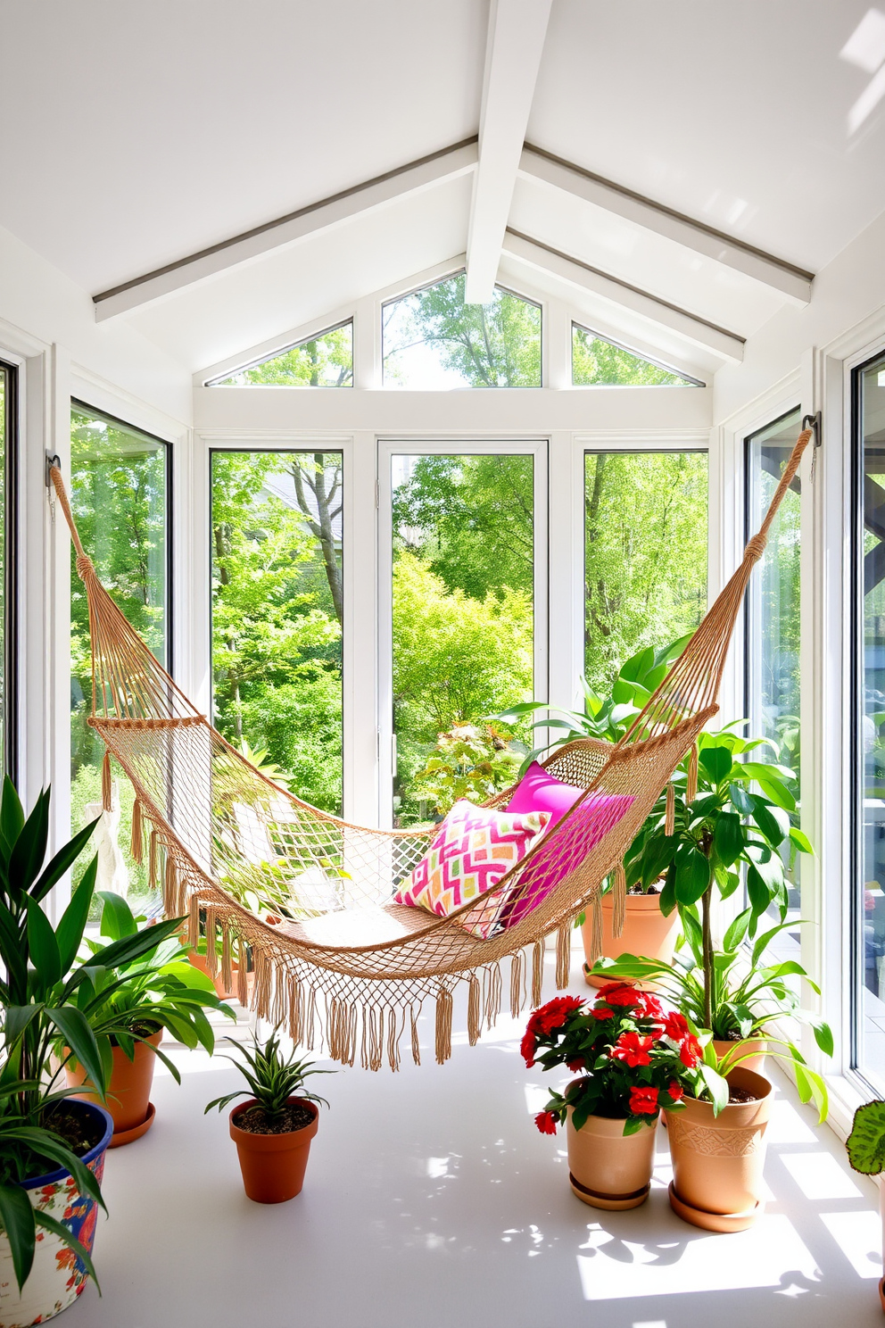 A bright and airy sunroom filled with natural light, featuring a cozy hammock suspended between two wooden beams. The space is adorned with potted plants and vibrant cushions, creating a serene atmosphere perfect for relaxation. Large windows allow the spring sunshine to filter in, illuminating the room with a warm glow. A rustic wooden coffee table sits in the center, surrounded by comfortable seating and colorful throw pillows.