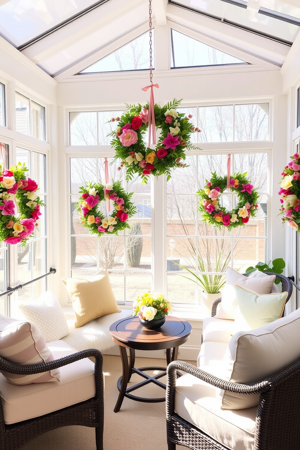 A bright and airy sunroom filled with natural light. The space features a comfortable seating area with a plush sofa adorned with colorful throw pillows, surrounded by large windows showcasing the blooming garden outside. Decorative lanterns are strategically placed on the window sills, casting a warm glow in the evening. Lush green plants are arranged in the corners, enhancing the fresh and inviting atmosphere of the room.