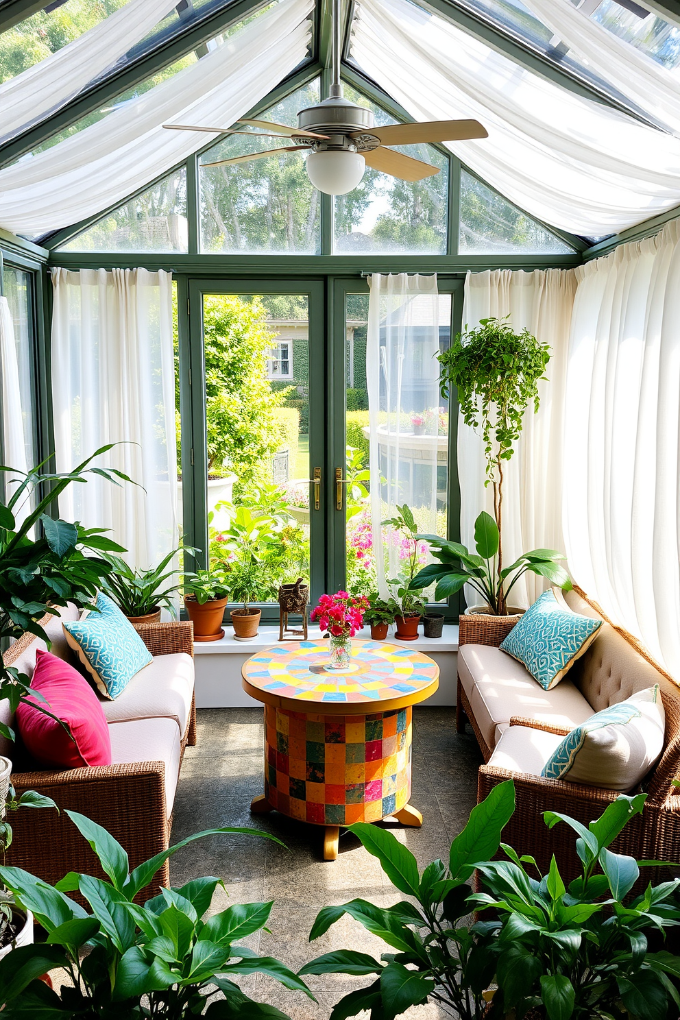 A bright sunroom filled with natural light. There are large windows that open to a lush garden, creating a seamless connection with the outdoors. The space features a comfortable seating area with a mix of rattan chairs and a cozy sofa adorned with colorful cushions. A small fountain is placed in the corner, adding soothing sounds to enhance the tranquil atmosphere. The walls are painted in a soft pastel hue, and potted plants are strategically arranged to bring life to the room. A rustic wooden coffee table sits in the center, topped with a few decorative books and a vibrant floral arrangement.